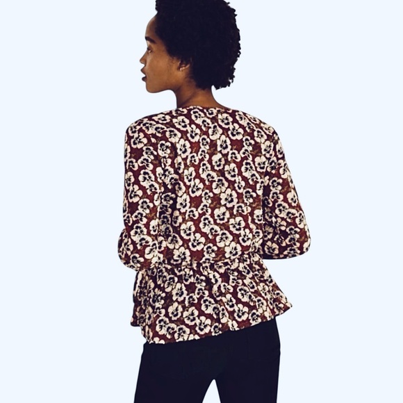 Madewell Drawstring Ruffle-Hem Top Viola Floral Pansy Print S - Picture 5 of 10